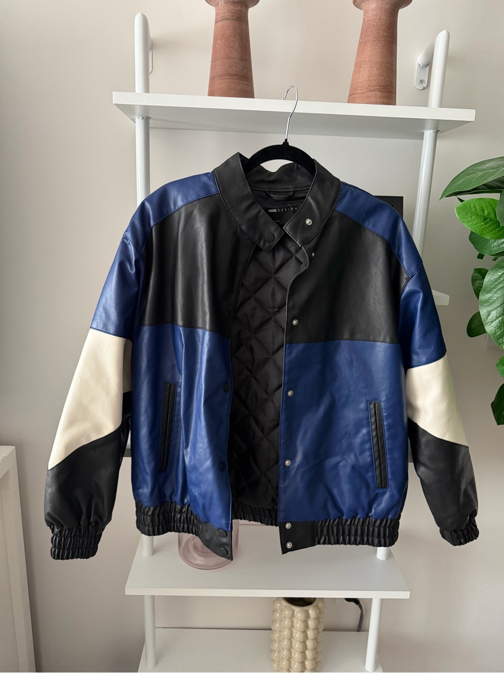 ASOS Colorblock Faux Leather Bomber Jacket - Black, Blue & Cream